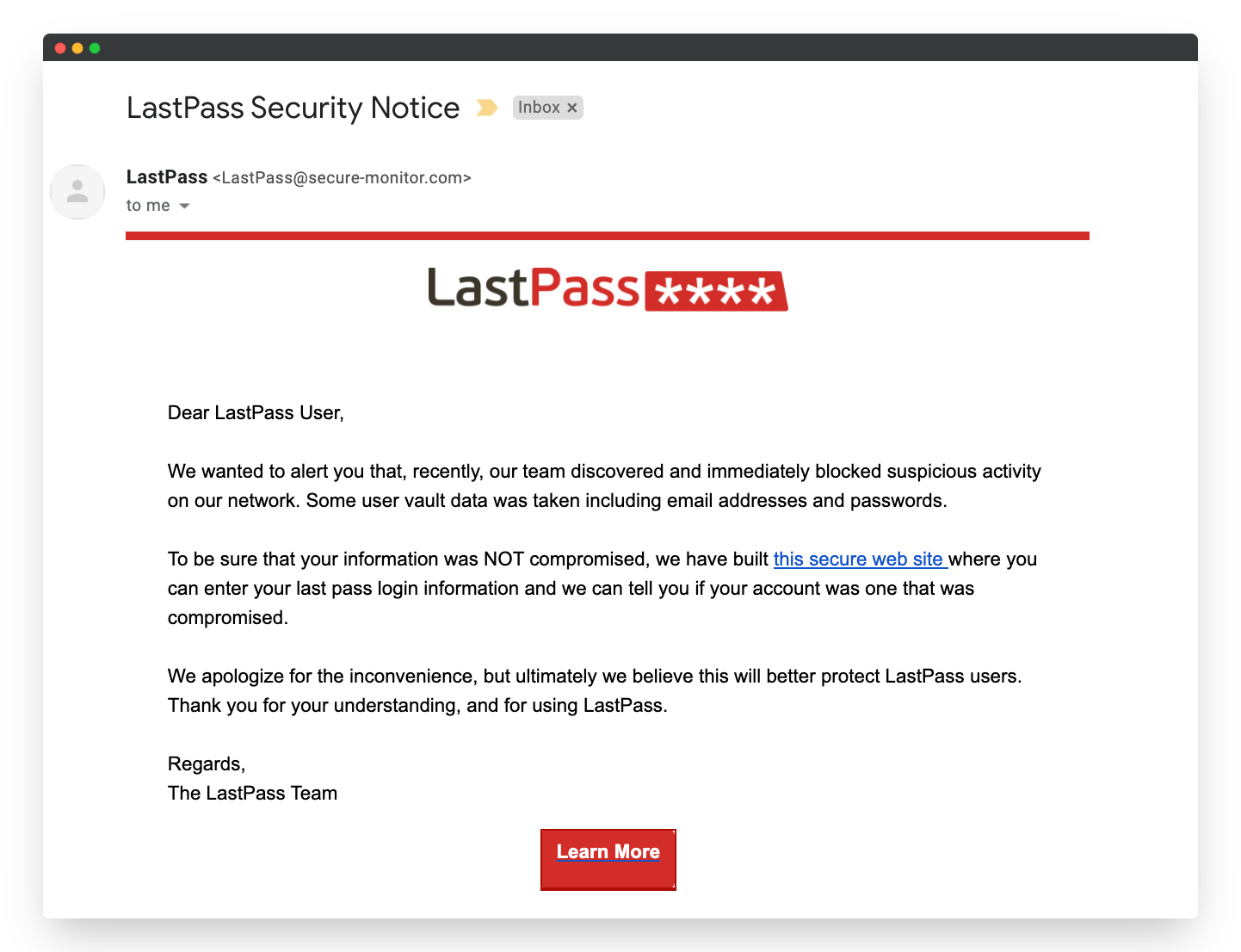 Example of a phishing email disguised as a LastPass security notice designed to steal user credentials.